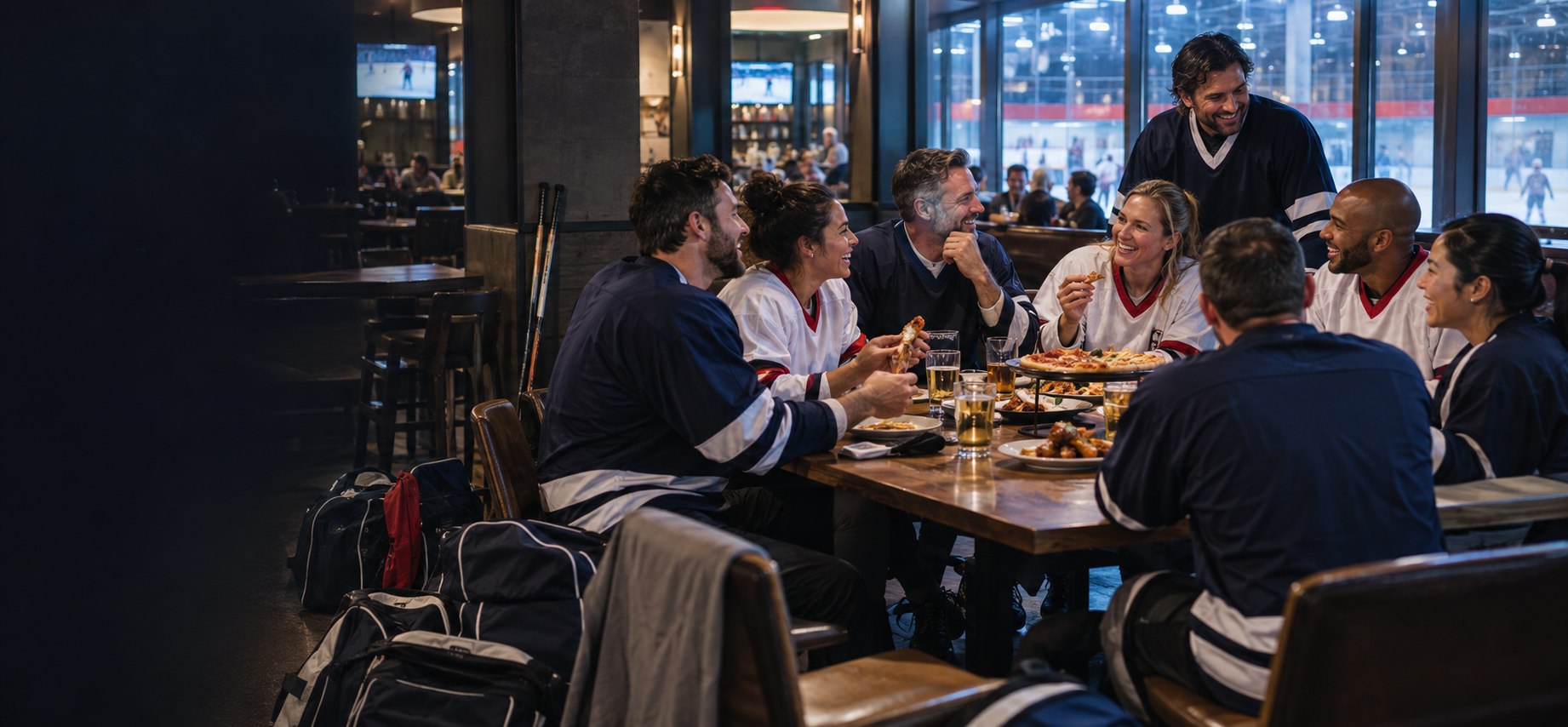 Adult recreational hockey players gathering over food after a game